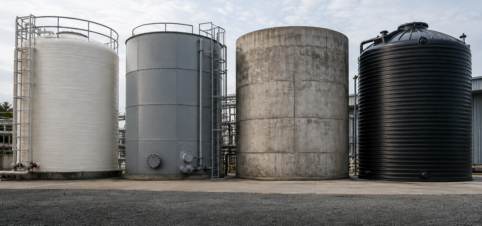 Comparison of FRP, steel, concrete, and HDPE storage tanks side by side