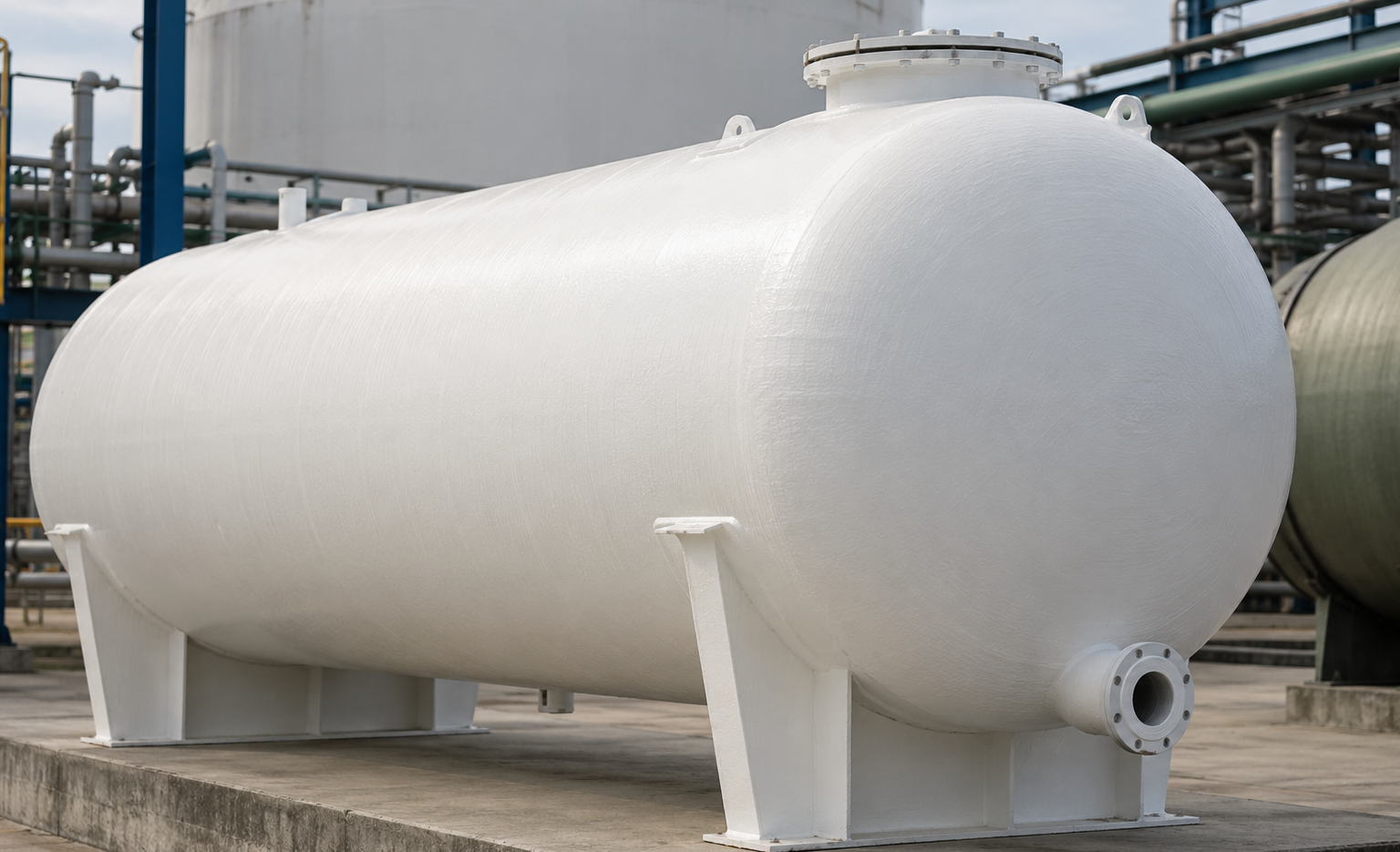 Corrosion-resistant FRP storage tank with manway and outlet nozzle