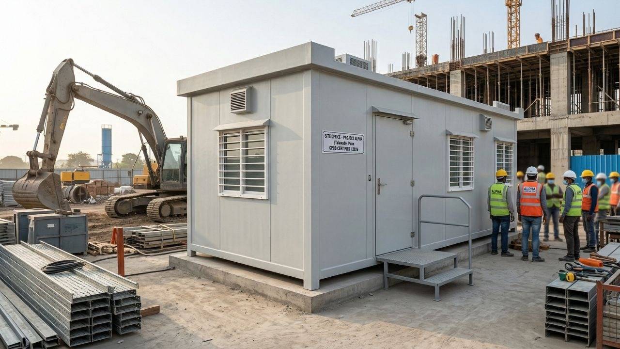 FRP portable office cabin deployed as a construction site office — supplied by Classic FRP Products, trusted FRP office cabin manufacturer and portable prefab cabin manufacturer in India