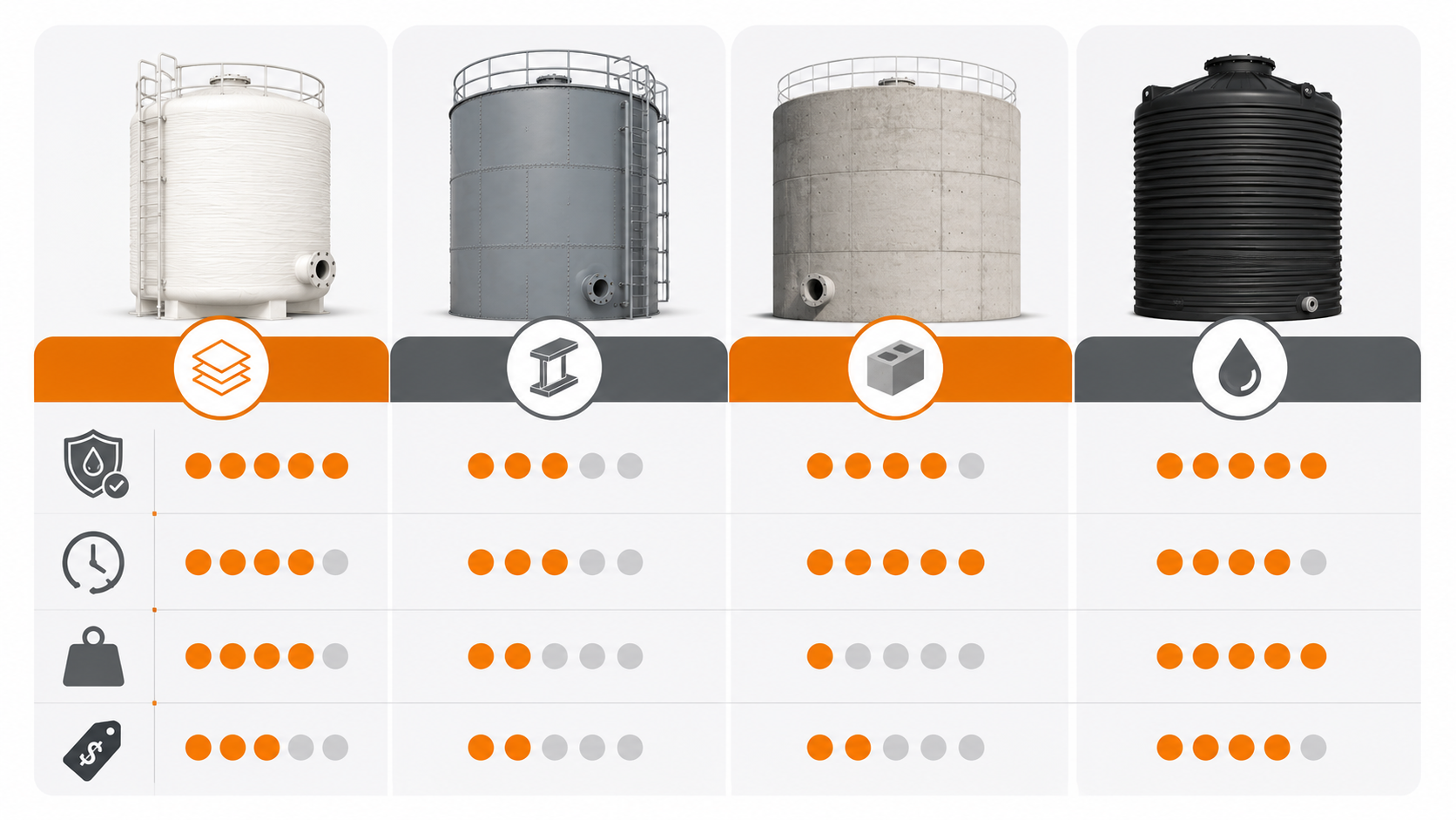 Infographic comparing FRP, steel, concrete, and HDPE tanks by lifespan, cost, and corrosion resistance