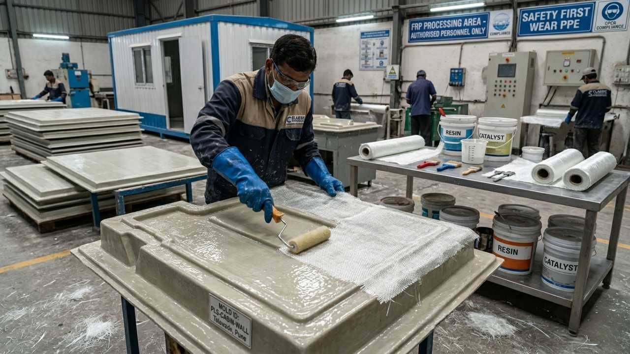 Skilled worker applying fibreglass layers onto cabin mould during FRP portable cabin manufacturing process at Classic FRP Products factory in Pune — India's trusted FRP portable cabin manufacturers